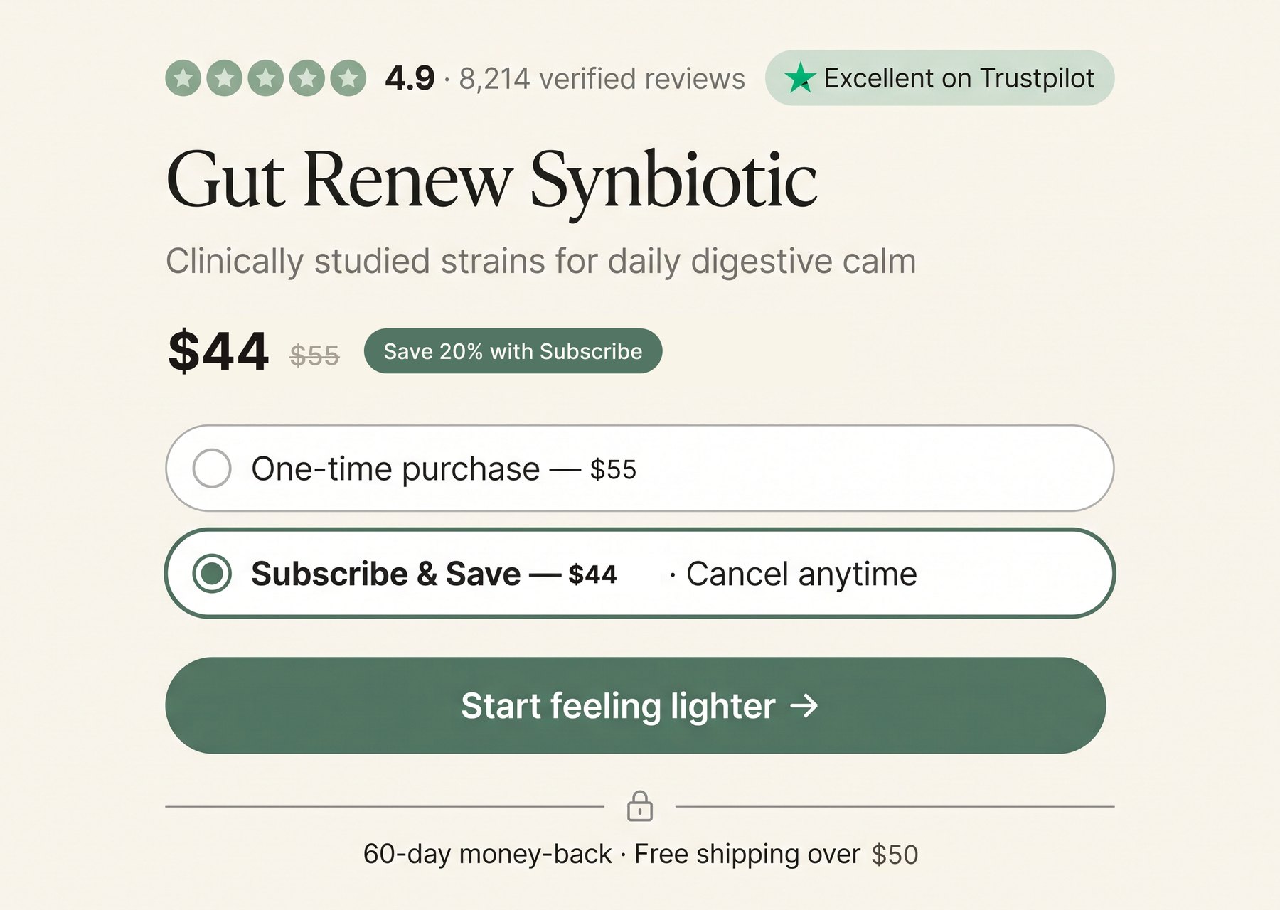 Supplement PDP buy box — reviews above the fold, price anchored to subscribe savings, benefit-led CTA