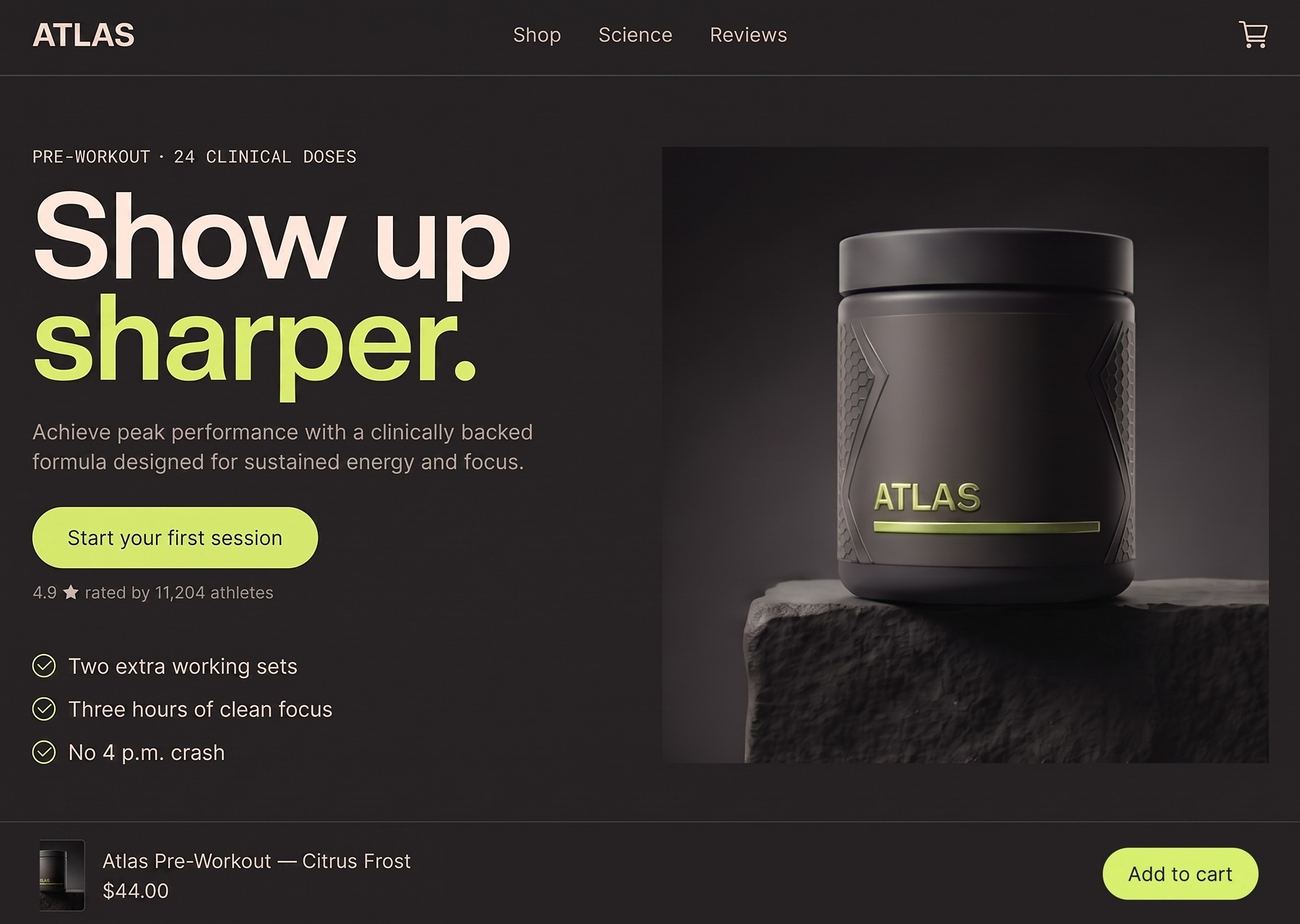 Pre-workout landing hero — single claim headline, plain-language outcomes, sticky add-to-cart bar