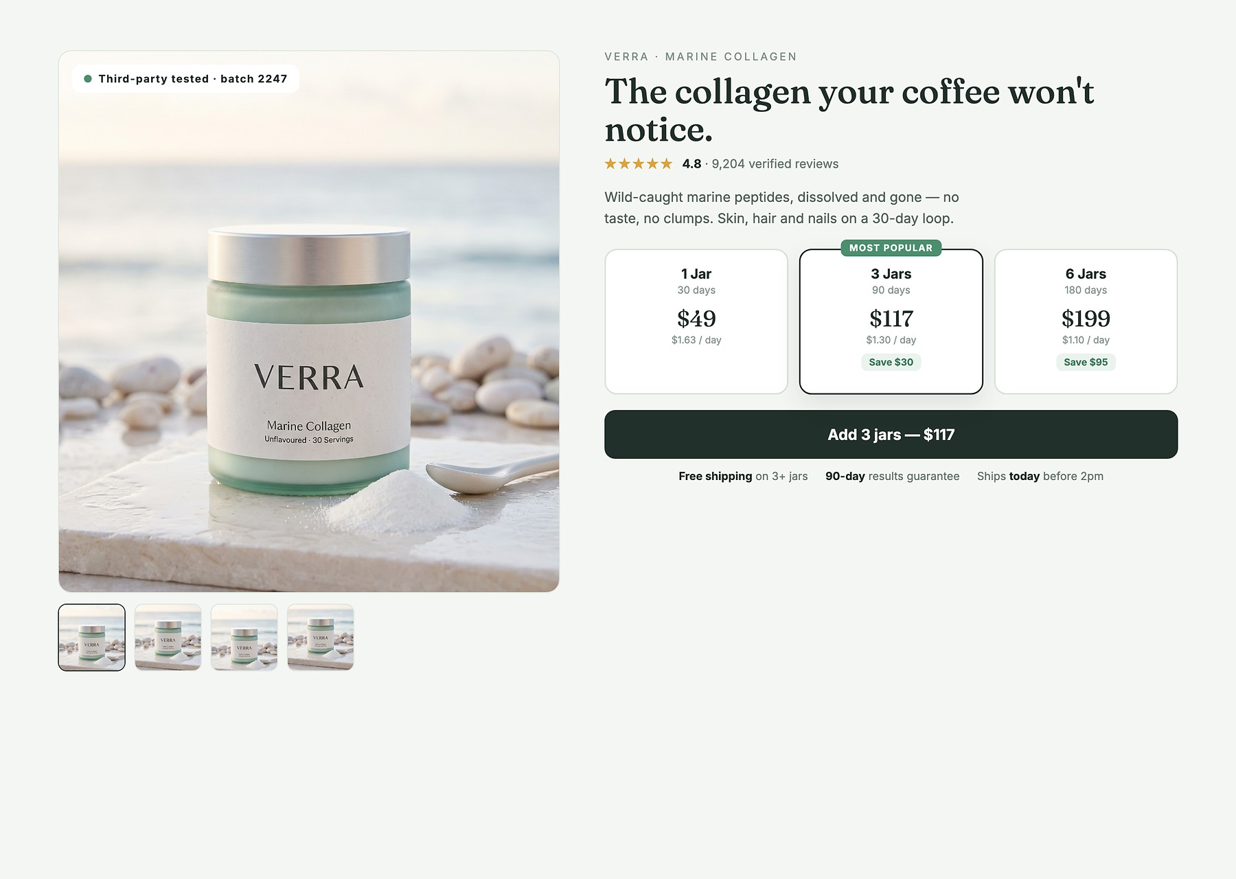 Marine collagen PDP buy box — three bundle tiers with the middle pre-selected, per-day price framing, trust badge on the gallery