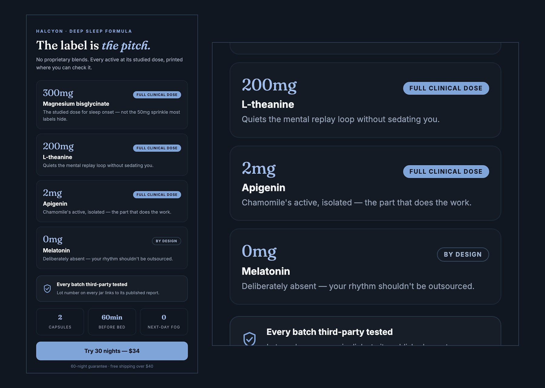 Sleep formula ingredient panel — clinical doses printed per active, melatonin deliberately absent, third-party testing seal