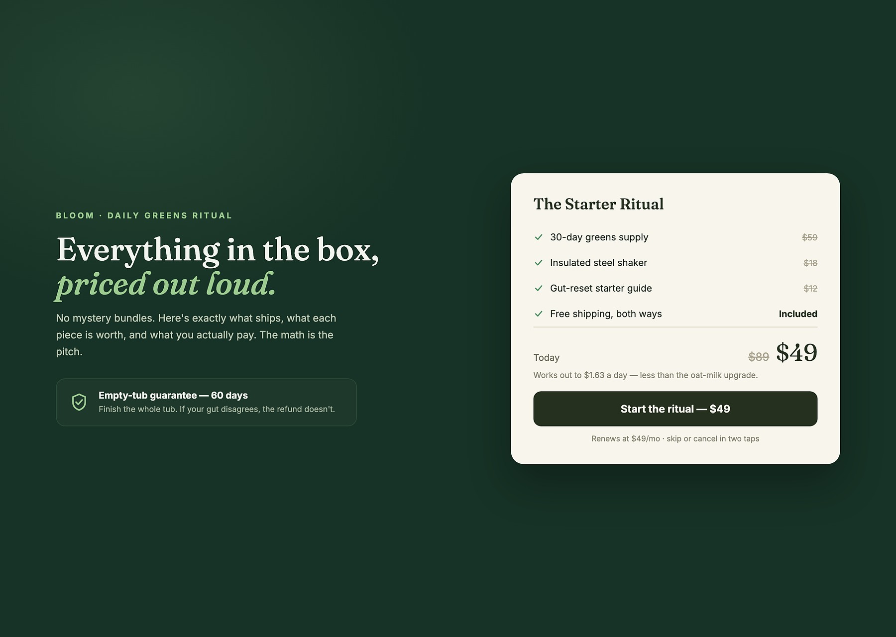 Greens subscription offer stack — itemised value with strikethrough prices, per-day framing, empty-tub guarantee