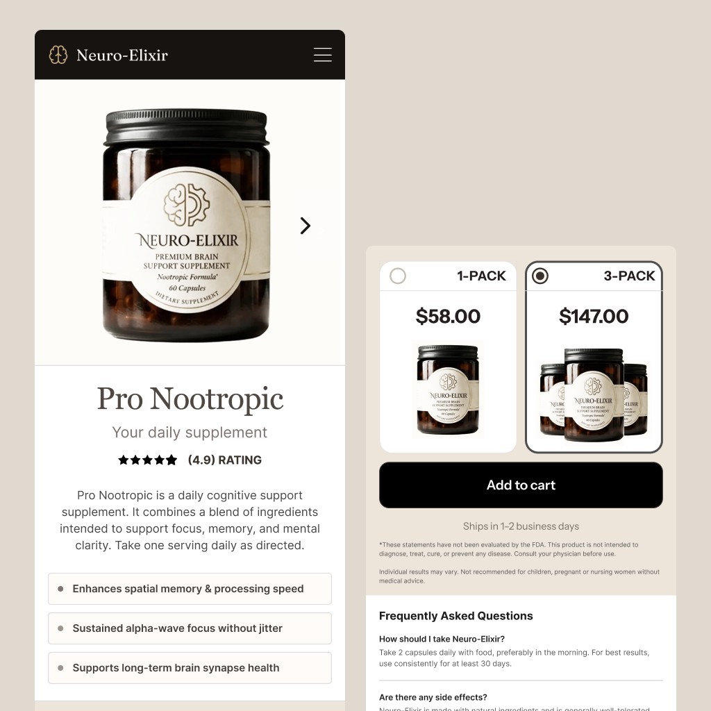 Neuro-Elixir buy box — before calibration