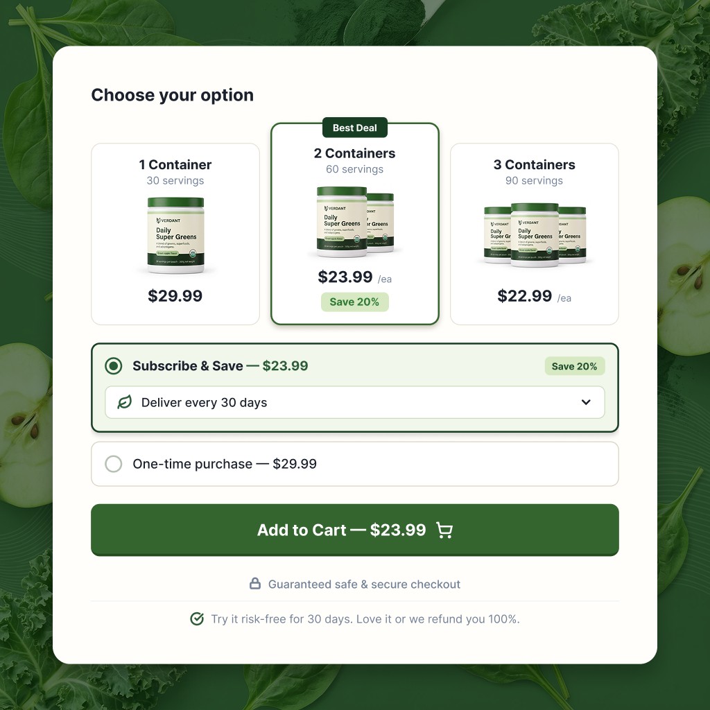 Verdant Daily Super Greens product page — after calibration